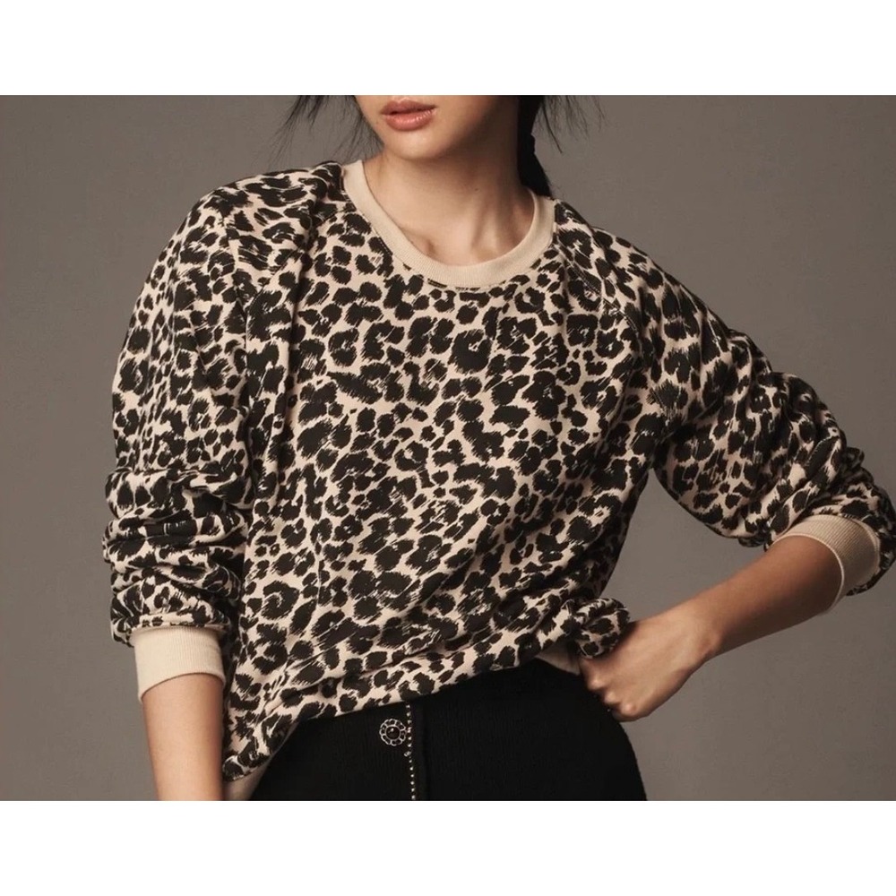 Maeve Anthropologie Leopard Print Raglan Sweatshirt Tan Black